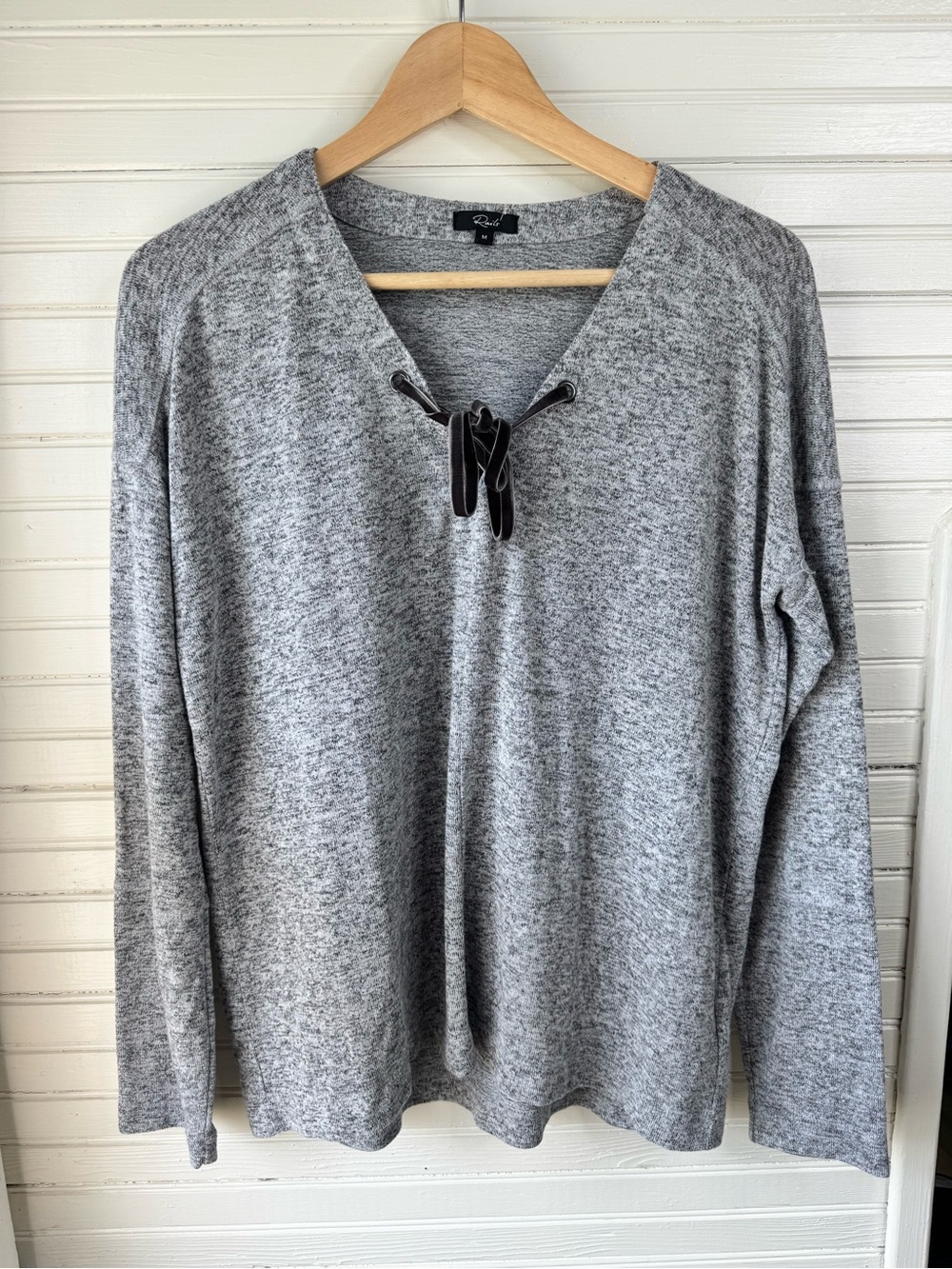 Rails Leigh Marled Grey Long Sleeve Top with Velvet Ribbon Tie – Size M